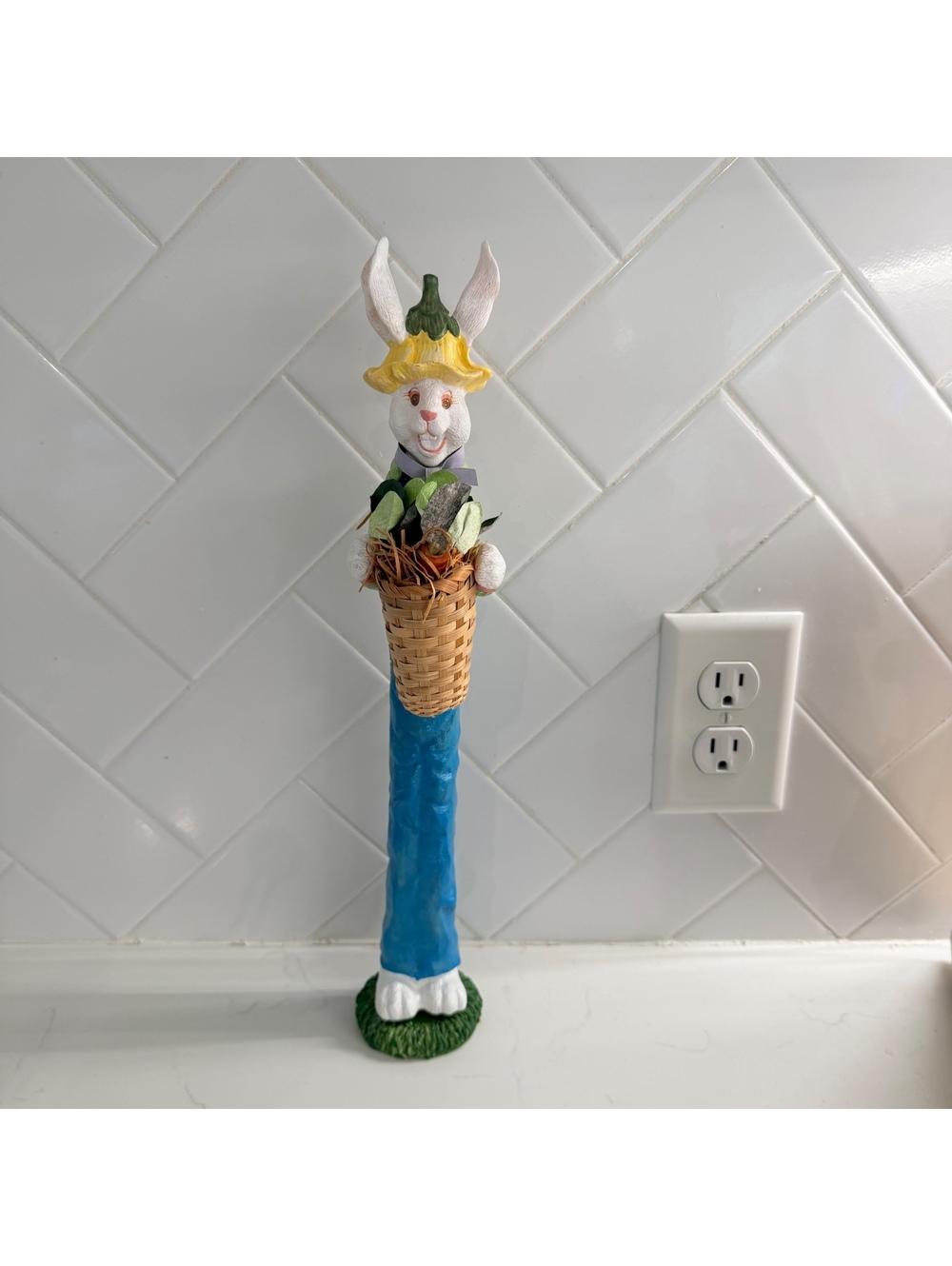 Tall Easter Bunny Rabbit Figurine 16” Blue Overall Vegetable Basket Spring Decor